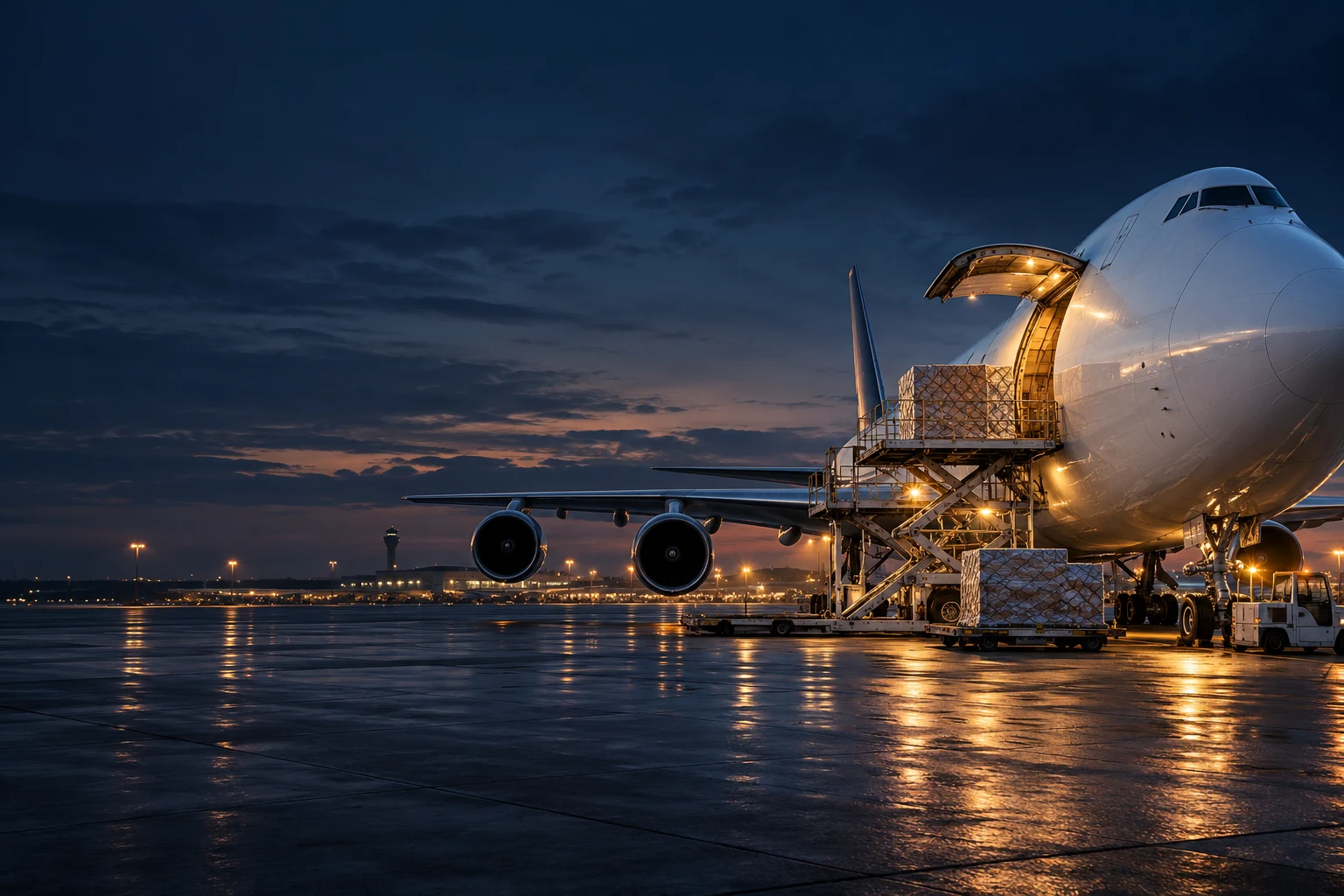 Cargo aircraft and ground handling equipment on an airport ramp at dusk