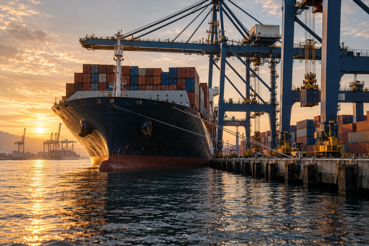 Container ship beside port cranes